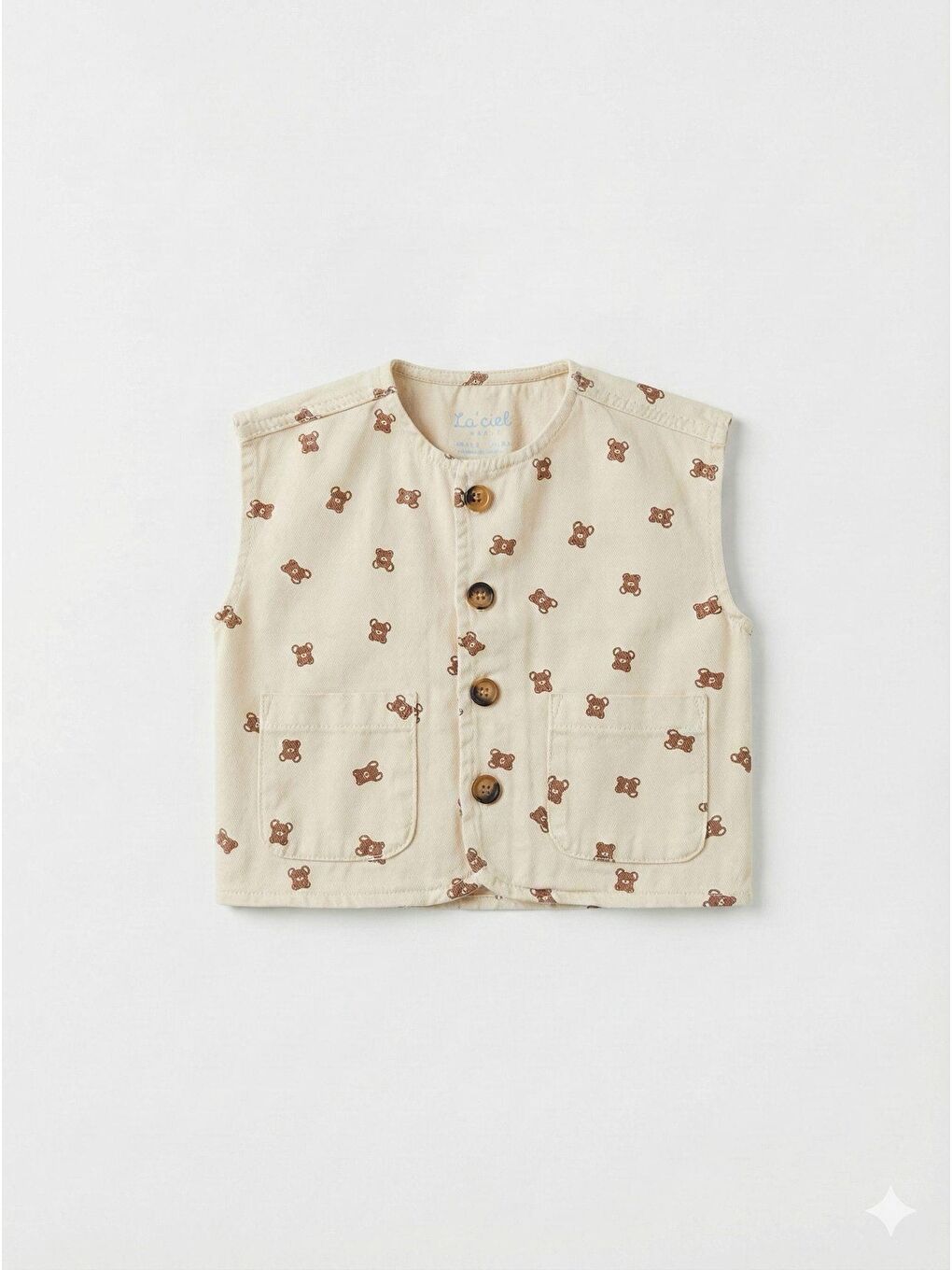 Unisex Çocuk Pamuklu Bej Ayıcık Desenli Düğmeli Cepli Yelek Pantolon Takım-2