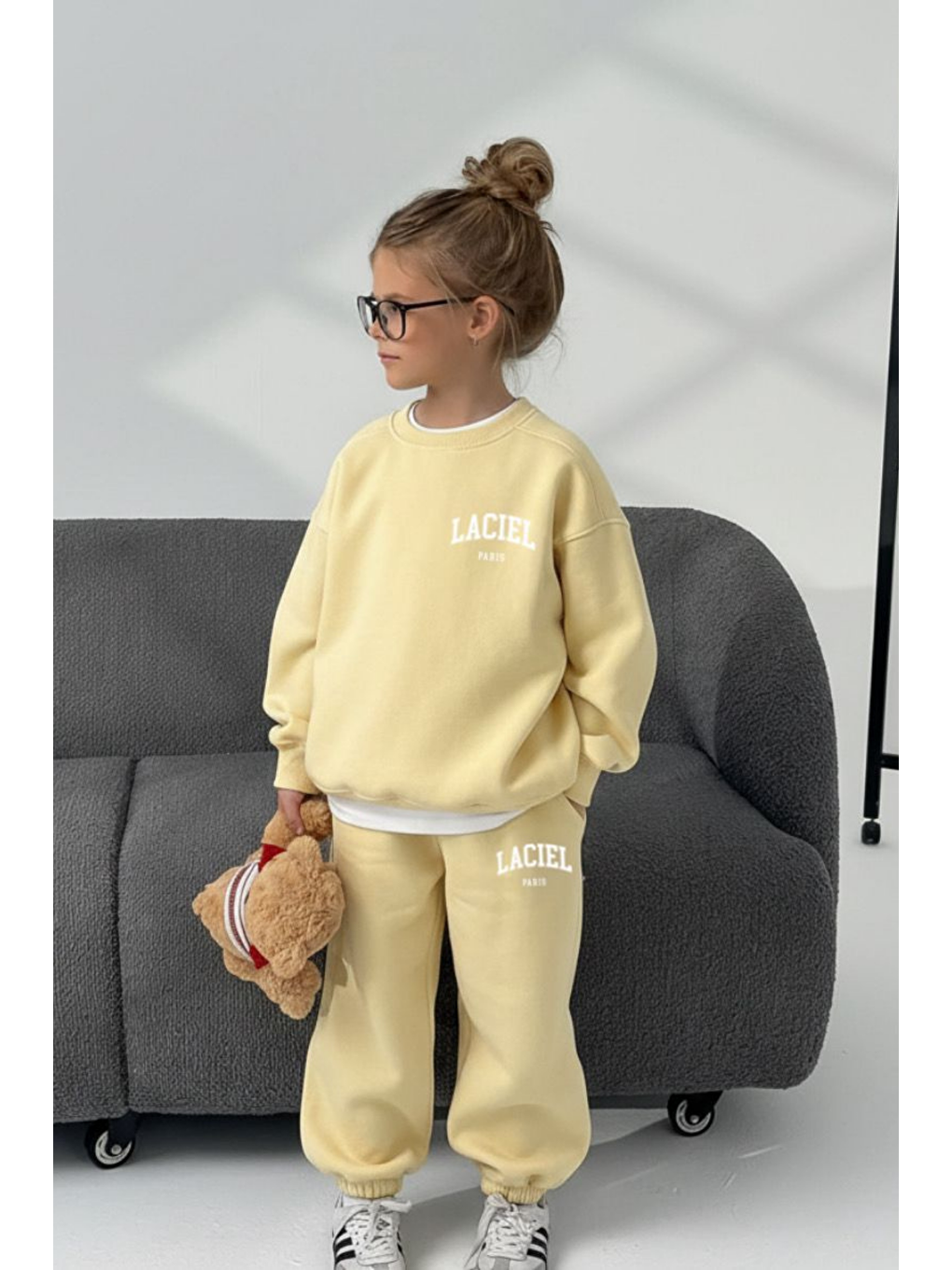 Unisex Çocuk Pamuklu Sarı Oversize Baskılı Eşofman Takımı – Sweatshirt & Jogger