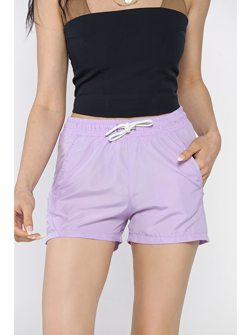 Lila Kadın Baskılı Cepli Deniz Şortu-1