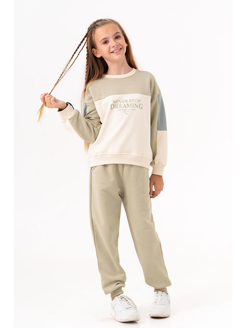 Kız Çocuk Yeşil Kol Parça Detaylı Ribana Paça 5-9 Yaş Takım - 3578-4