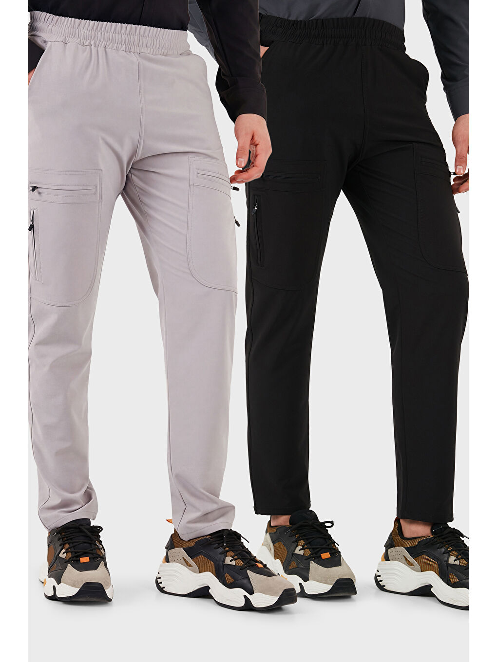 Siyah Normal Kalıp Kargo Cepli Lastikli Bel Trekking ve Kurye 2'li Paket Pantolon 693710S2