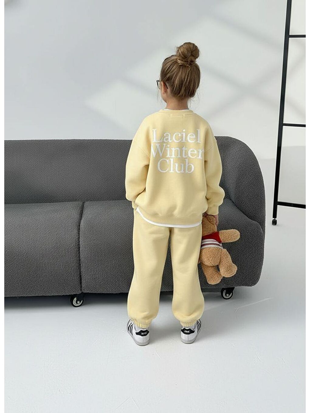 Unisex Çocuk Pamuklu Sarı Oversize Baskılı Eşofman Takımı – Sweatshirt & Jogger-1