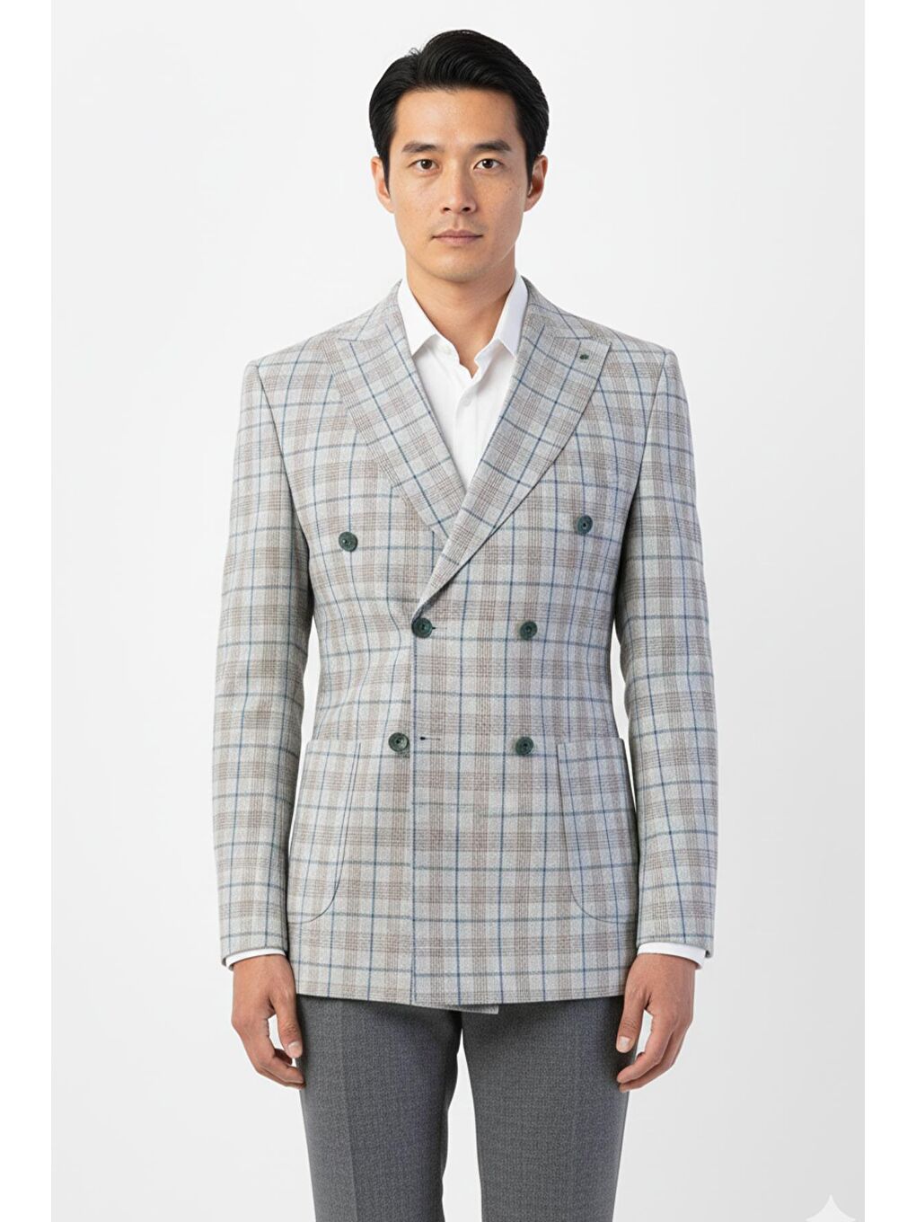 Giotelli Açık Gri Regular Fit Sivri Yaka Kruvaze Ekose Casual Ceket