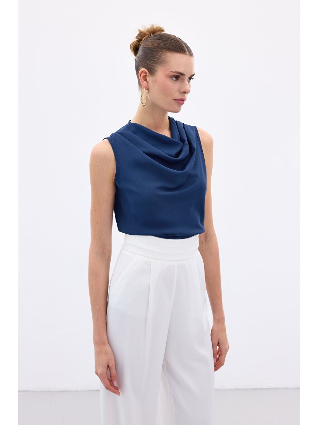 Degaje Yaka Kolsuz Bluz - İndigo-1