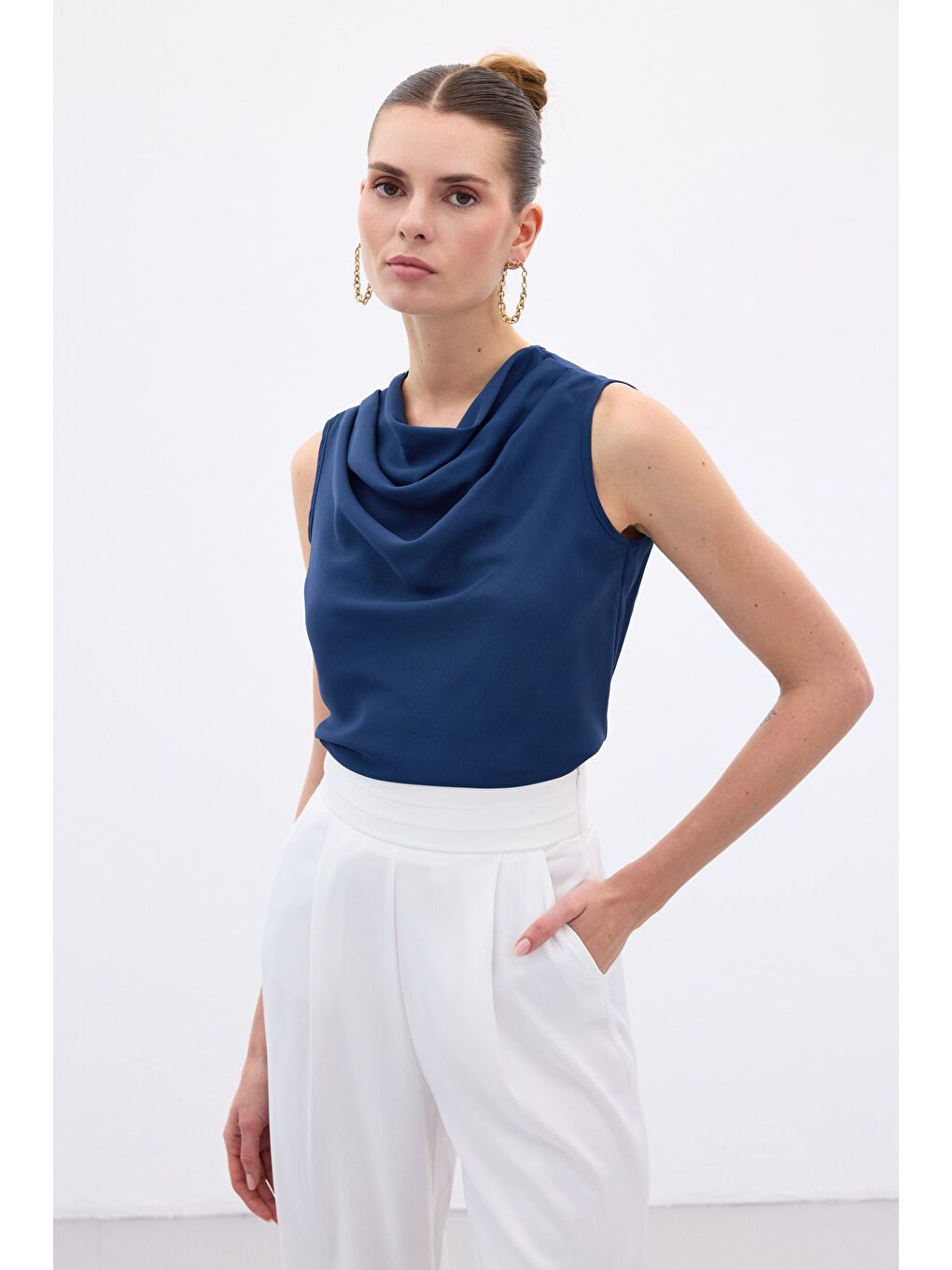 Degaje Yaka Kolsuz Bluz - İndigo-2