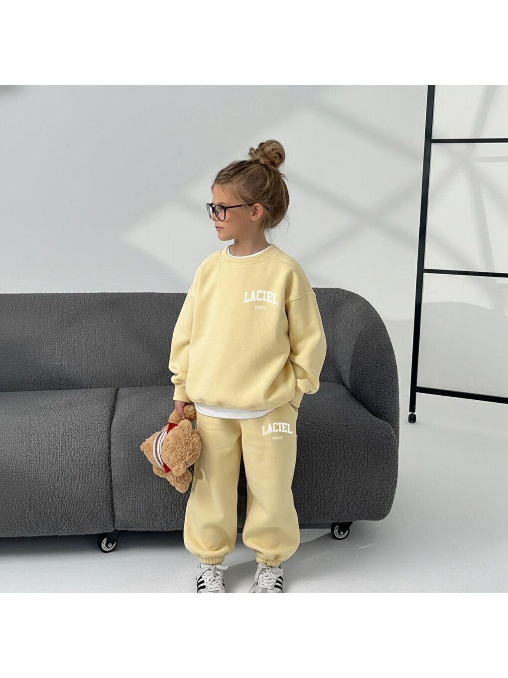 Unisex Çocuk Pamuklu Sarı Oversize Baskılı Eşofman Takımı – Sweatshirt & Jogger-3