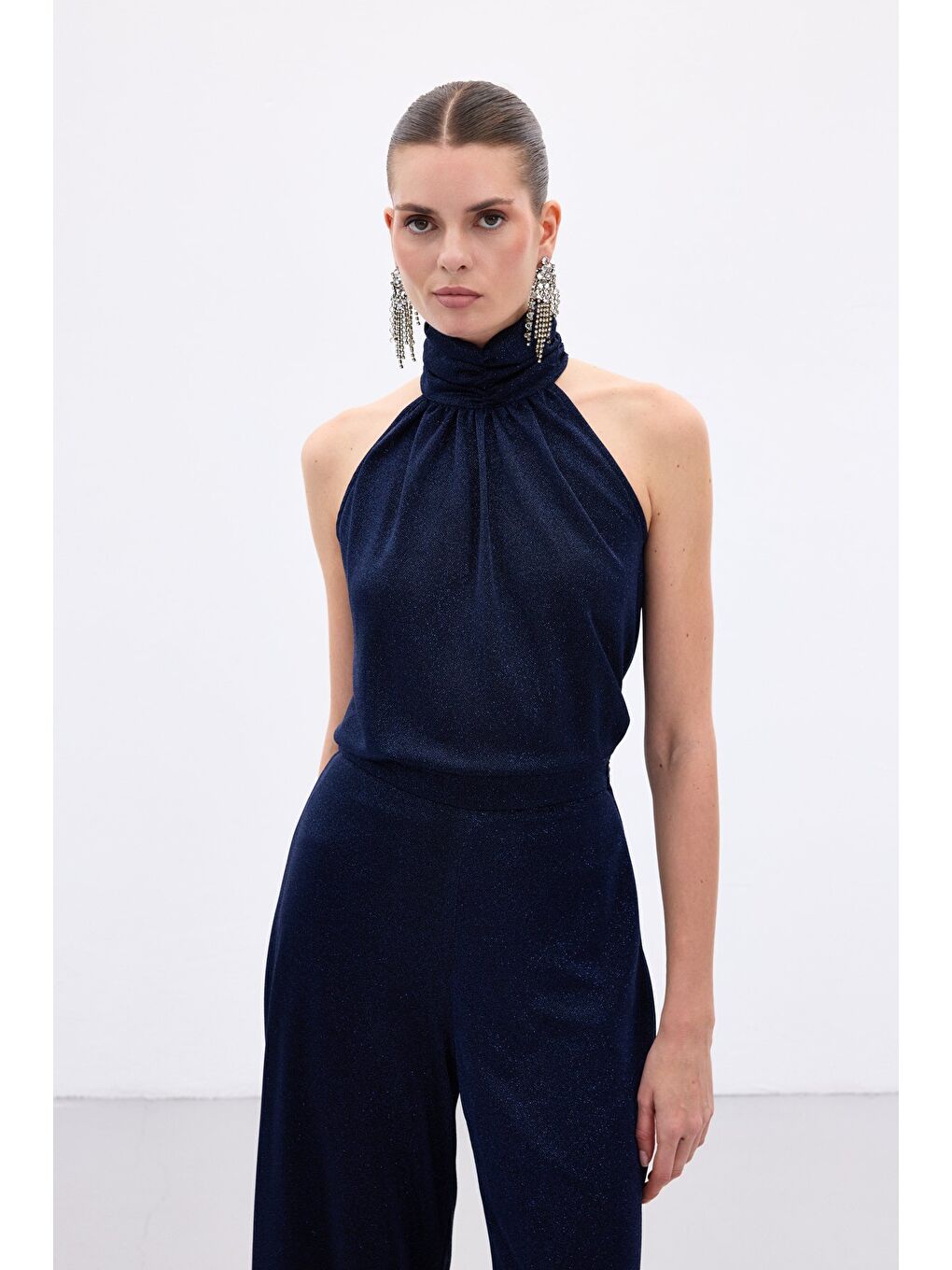 Kolsuz Parlak Bluz - Lacivert-2