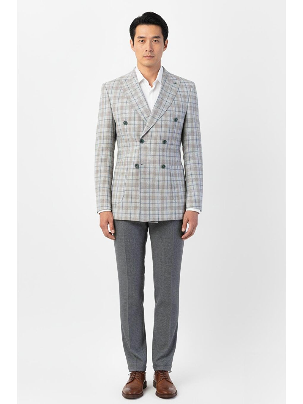 Giotelli Açık Gri Regular Fit Sivri Yaka Kruvaze Ekose Casual Ceket-1
