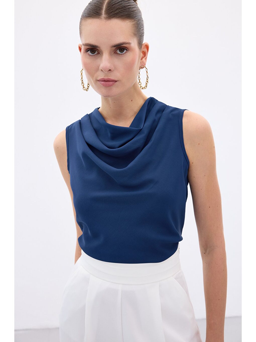 Degaje Yaka Kolsuz Bluz - İndigo-3