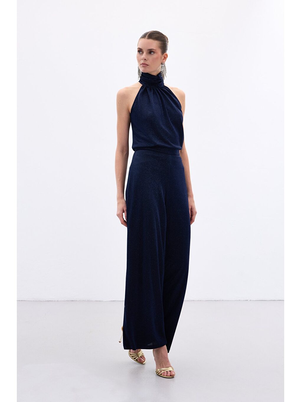 Kolsuz Parlak Bluz - Lacivert-3