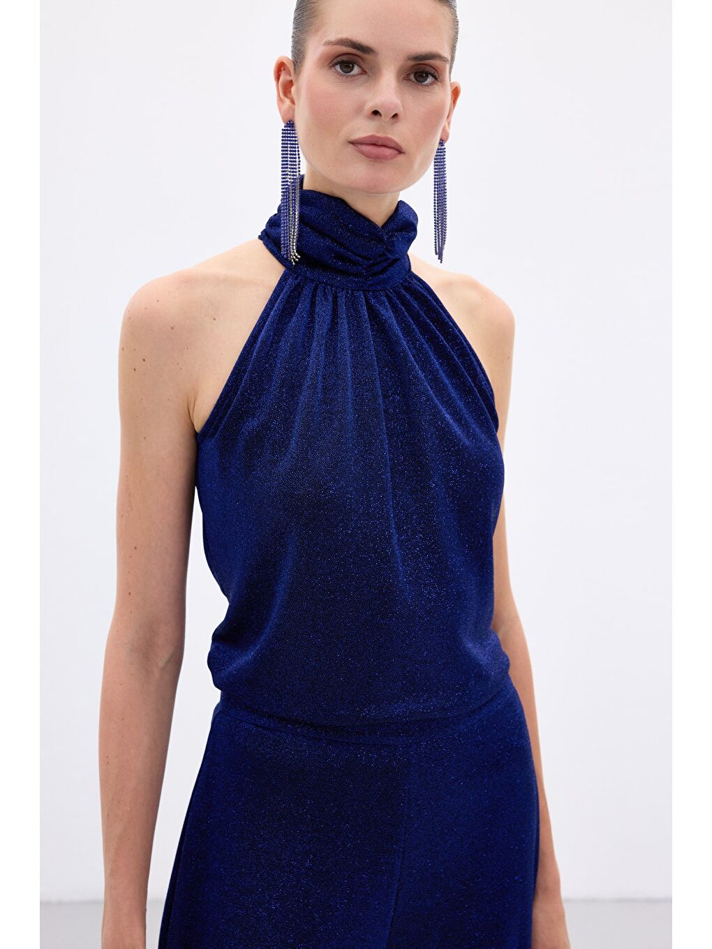 Kolsuz Parlak Bluz - Sax Mavi-4