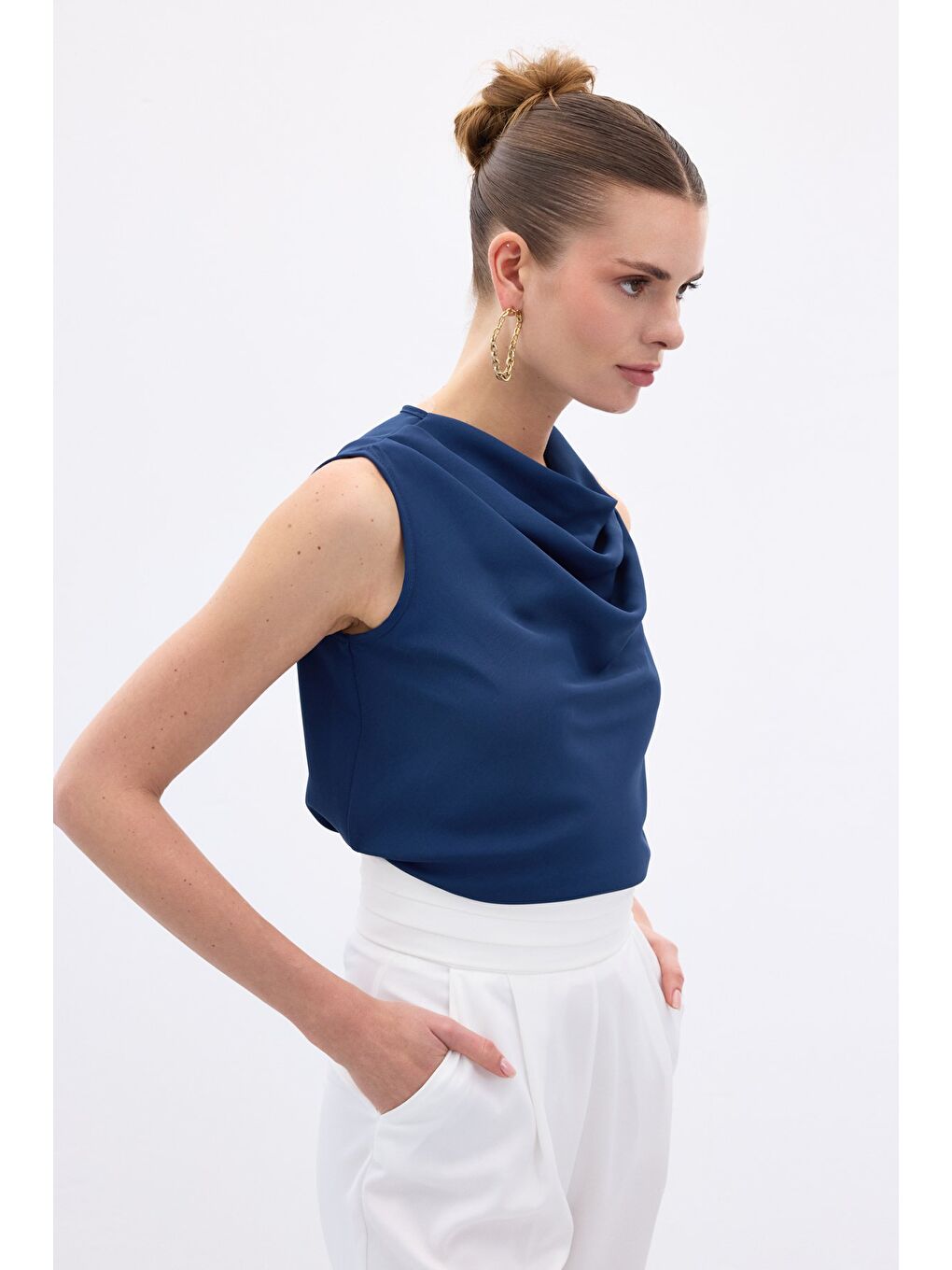 Degaje Yaka Kolsuz Bluz - İndigo-4