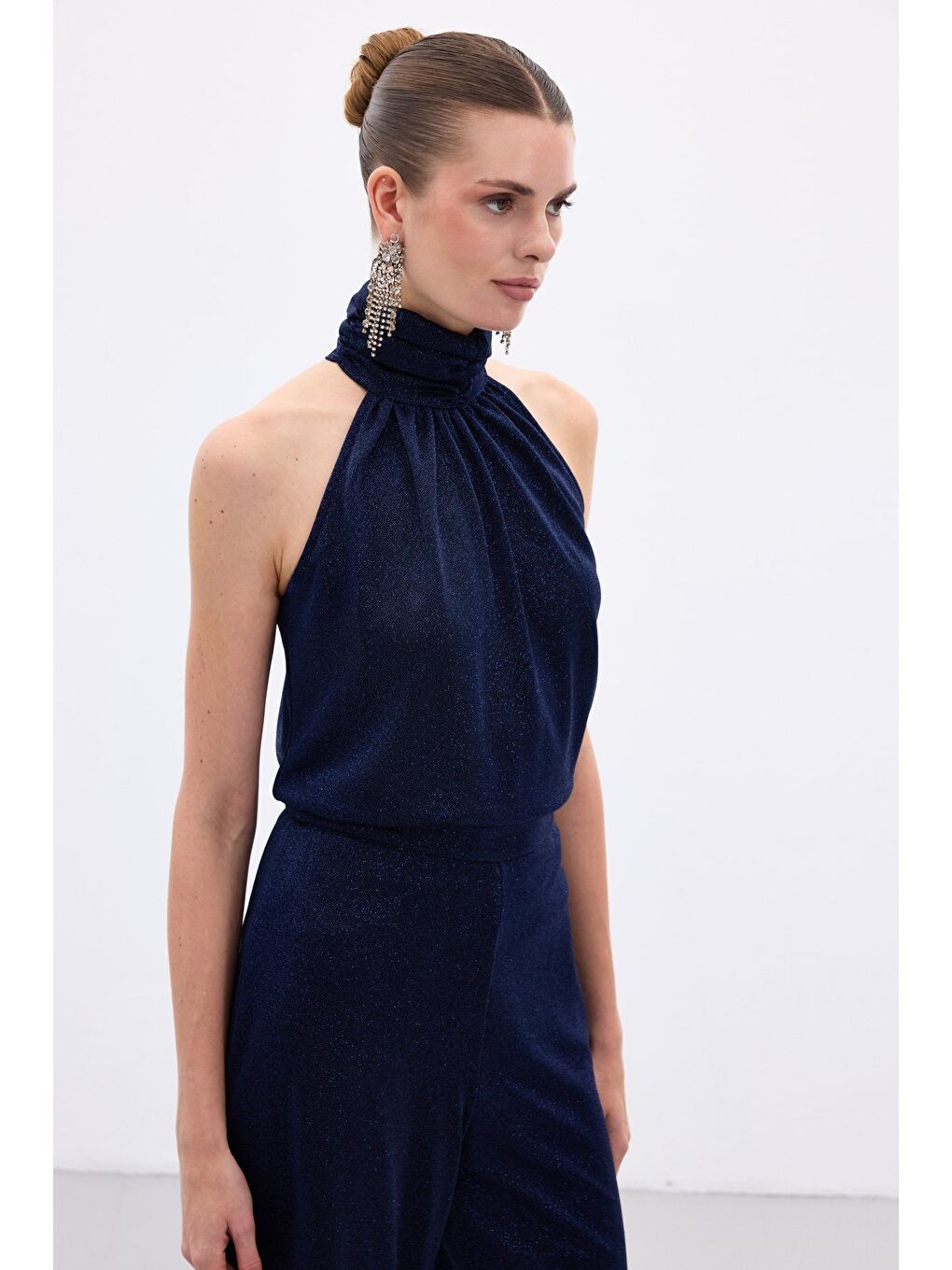 Kolsuz Parlak Bluz - Lacivert-4