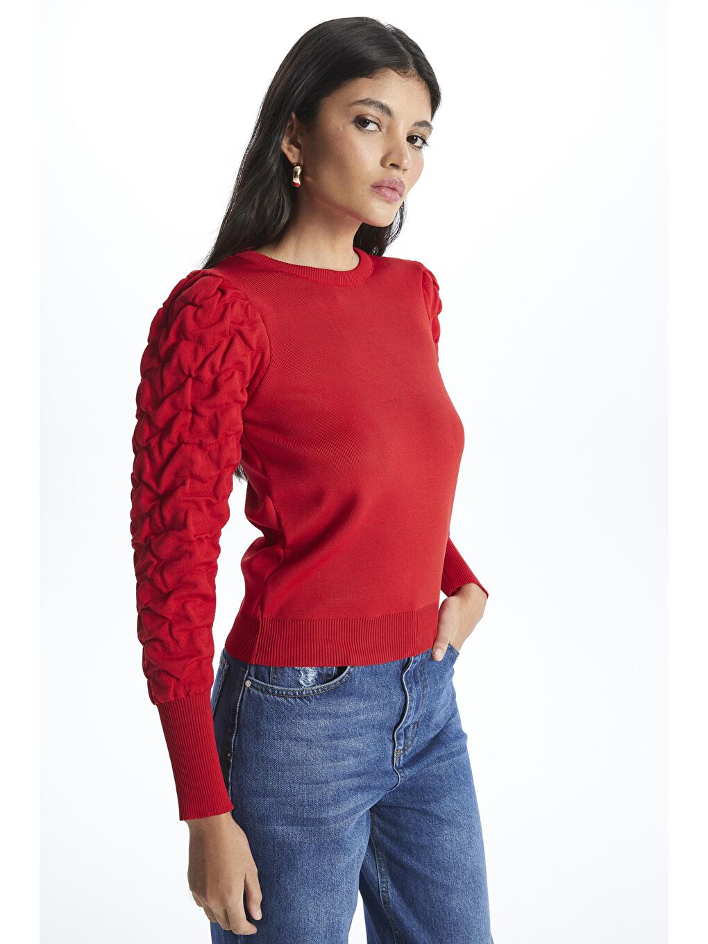 Kırmızı Kolları Jakar Desenli Kazak