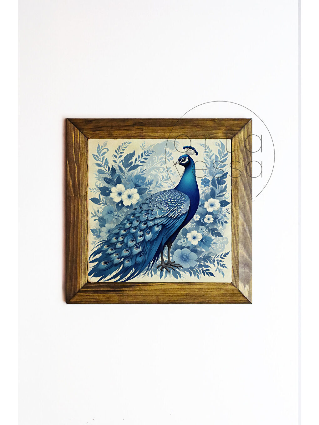 Beyaz Masif Ahşap Çerçeveli Taş Tablo Pano 16 x 16 cm - Tavus Kuşu 1 - 26 x 26-1