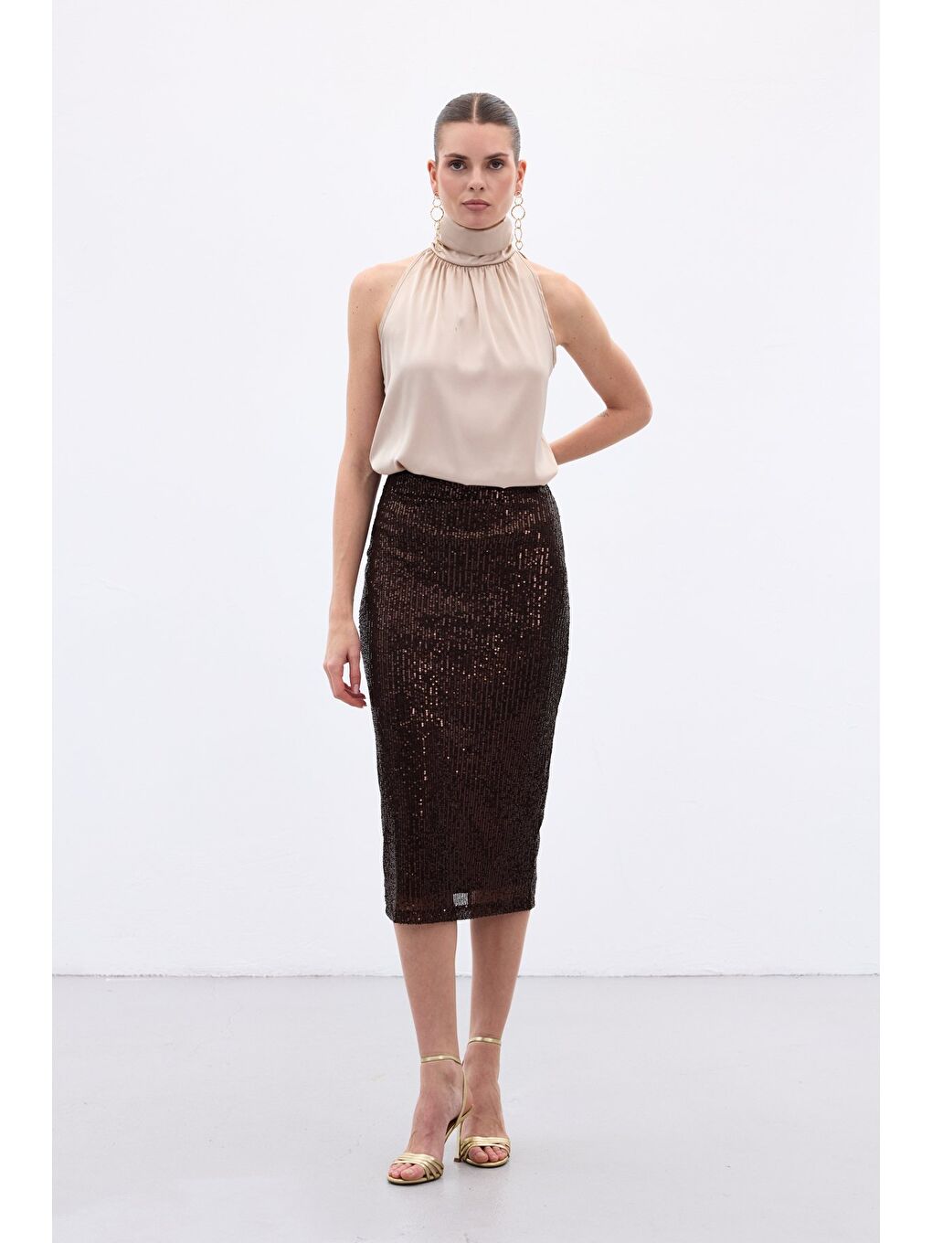 Kahverengi Payet Detaylı Kalem Etek - Kahve-1