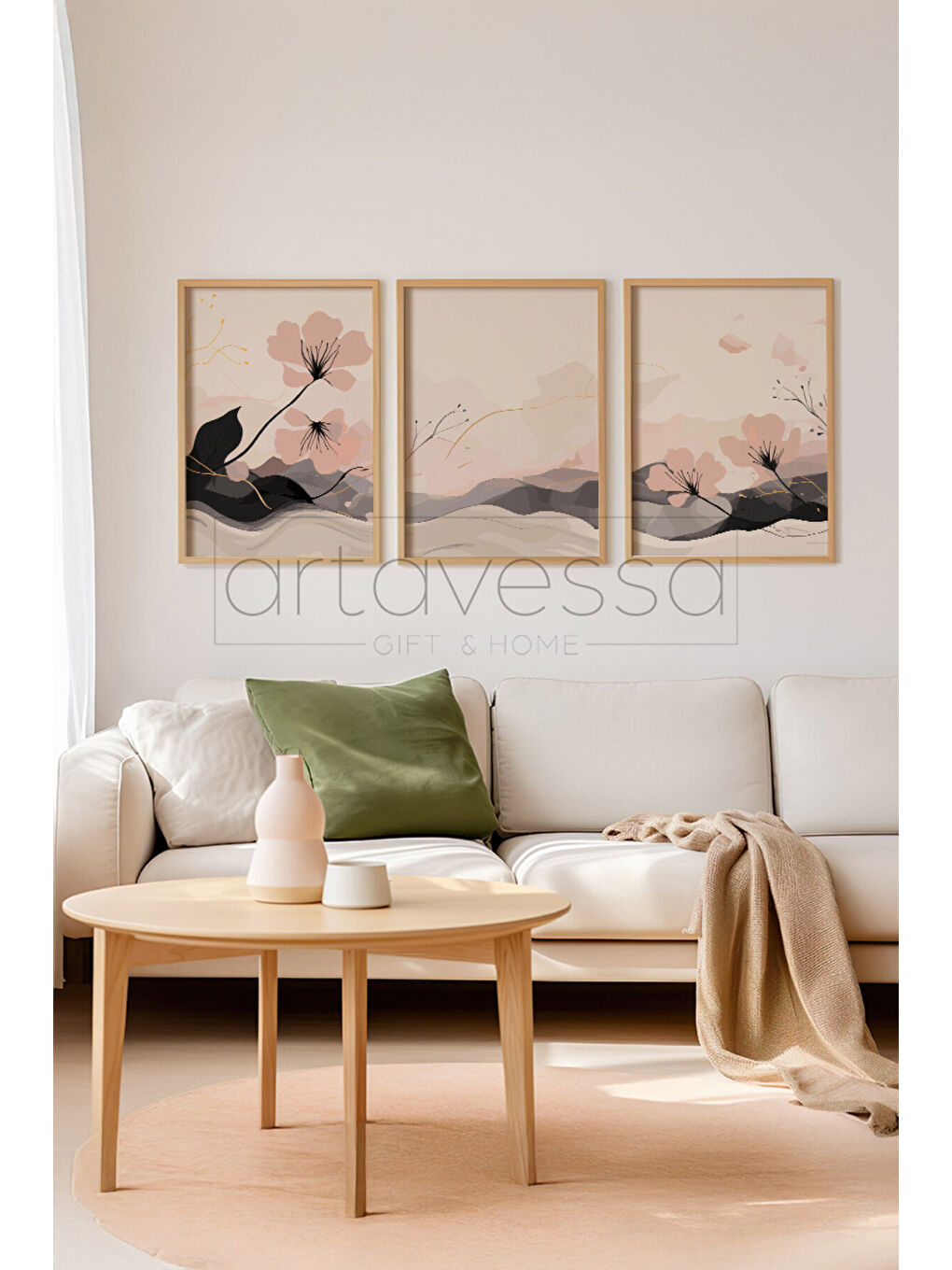 Beyaz 3 Parça Gerçek Ham Ahşap Çerçeveli Tablo Seti - Model 23 - AVSS3LUMDL23-3348-1