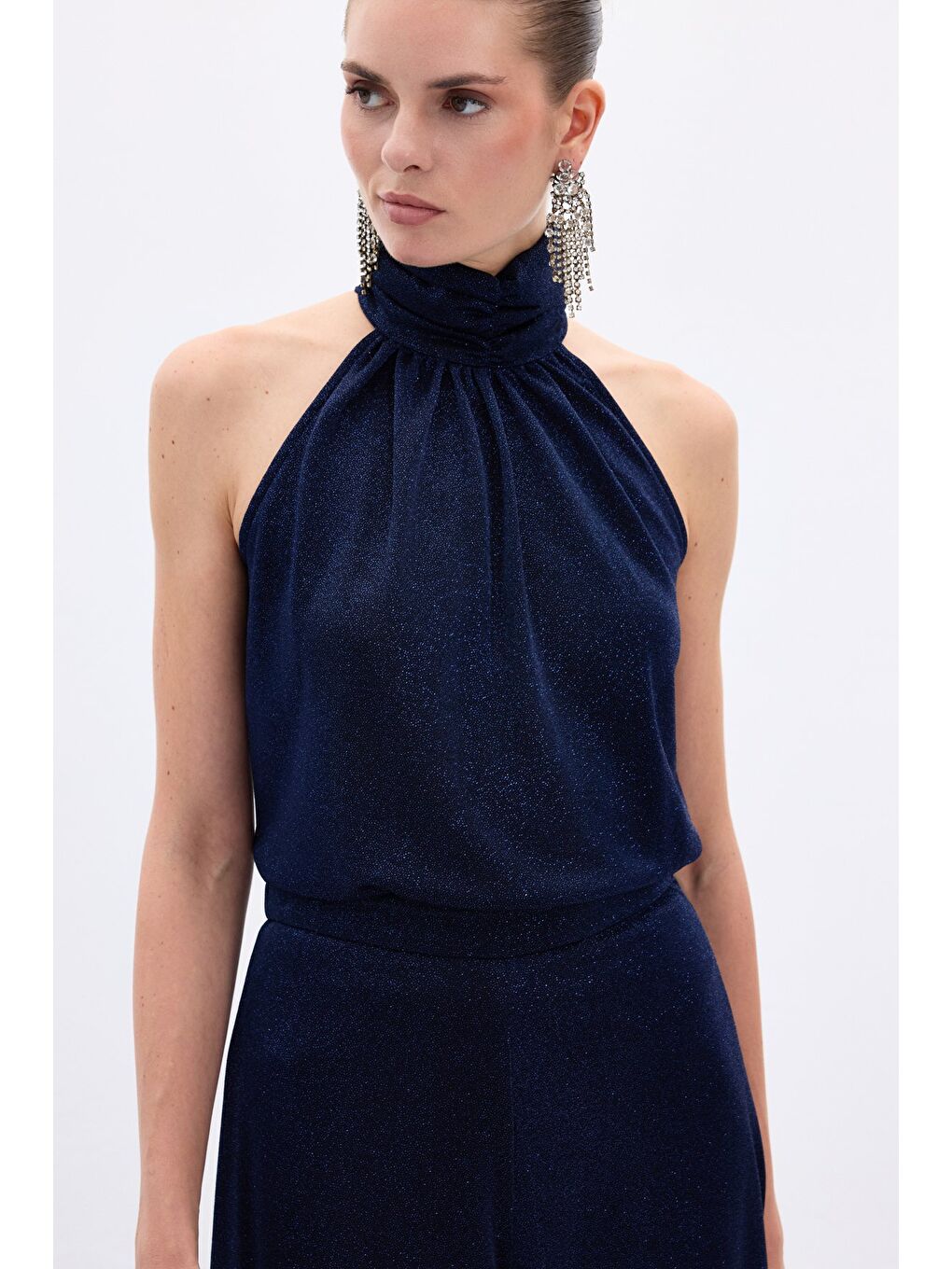 Kolsuz Parlak Bluz - Lacivert-5