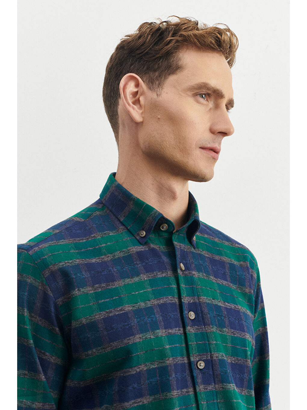 Erkek Lacivert-Yeşil Comfort Fit Geniş Kesim Düğmeli Yaka %100 Pamuk Flanel Oduncu Gömlek-1