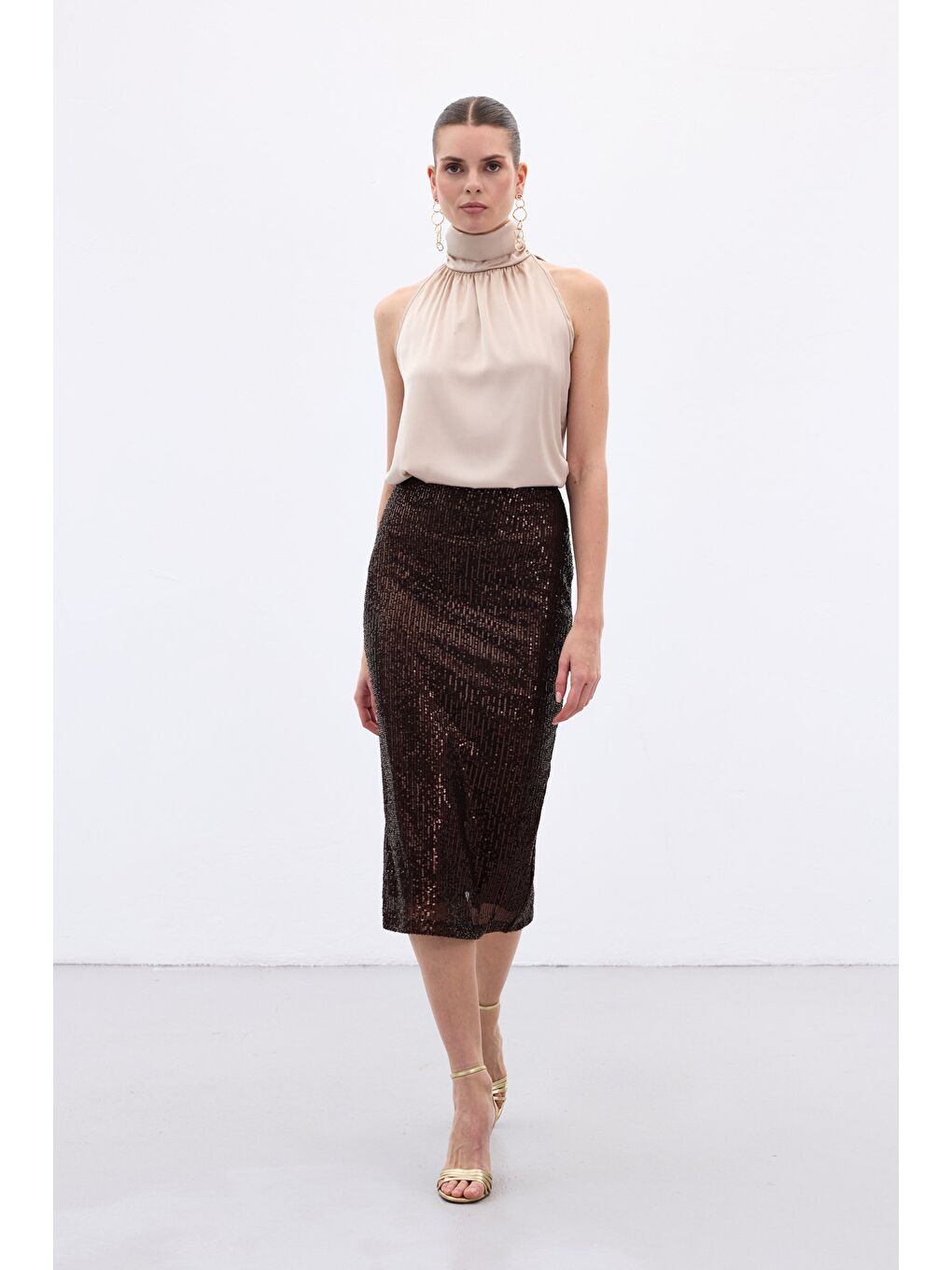 Kahverengi Payet Detaylı Kalem Etek - Kahve-3