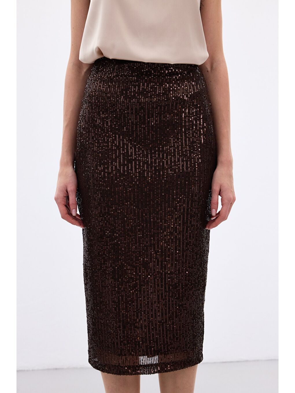 Kahverengi Payet Detaylı Kalem Etek - Kahve-4