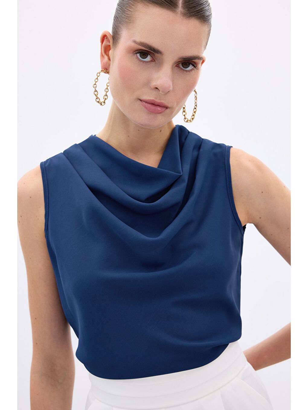 Degaje Yaka Kolsuz Bluz - İndigo-6