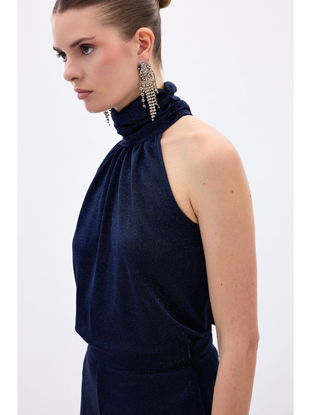 Kolsuz Parlak Bluz - Lacivert-6