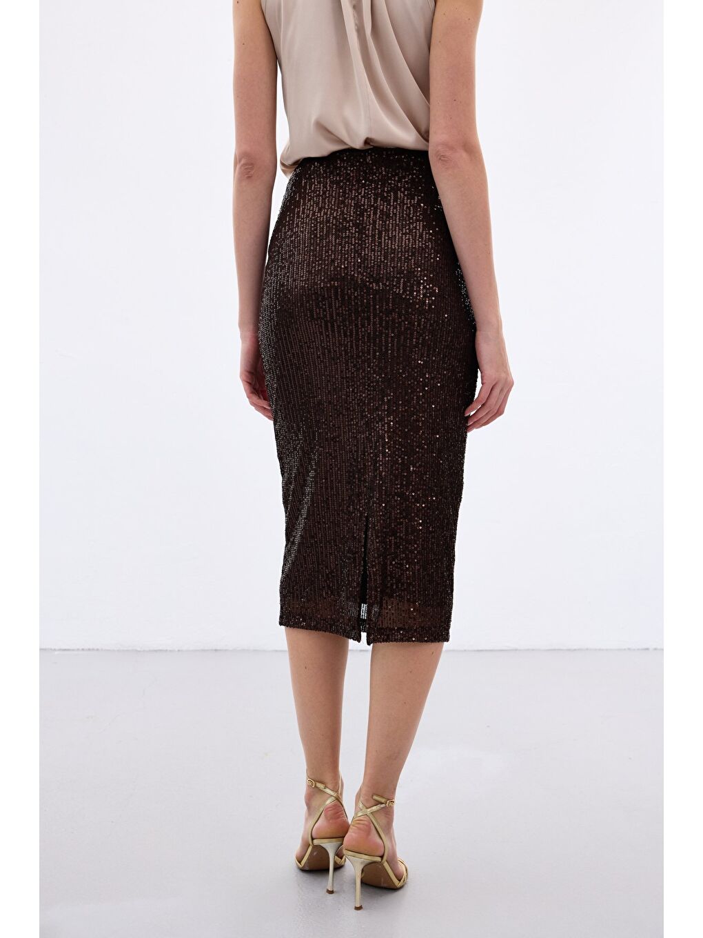 Kahverengi Payet Detaylı Kalem Etek - Kahve-5