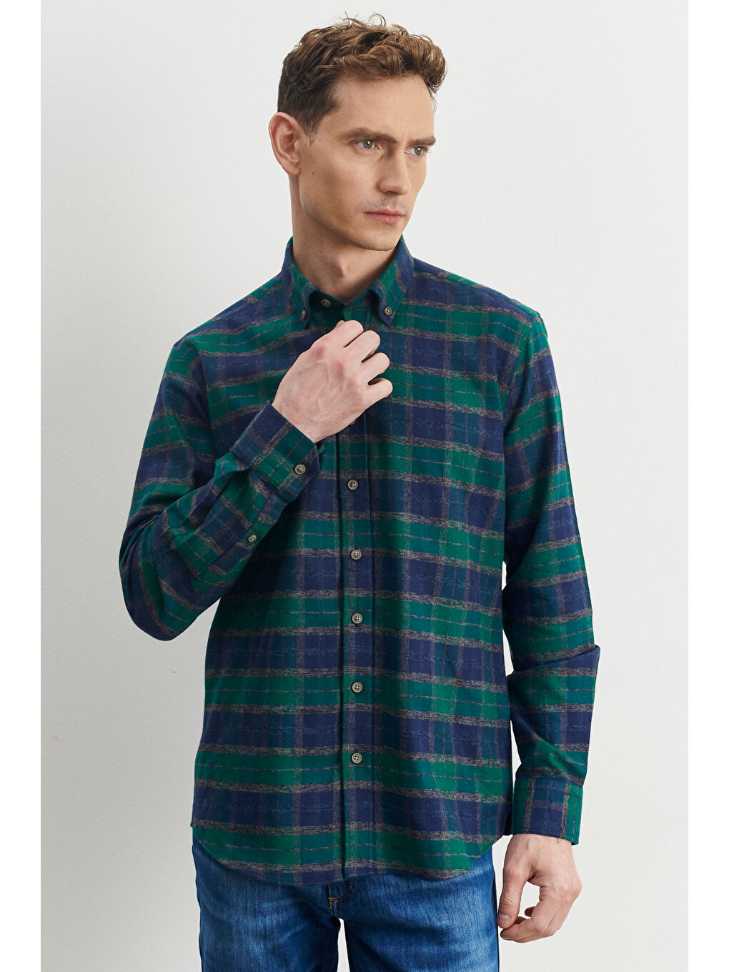 Erkek Lacivert-Yeşil Comfort Fit Geniş Kesim Düğmeli Yaka %100 Pamuk Flanel Oduncu Gömlek-2