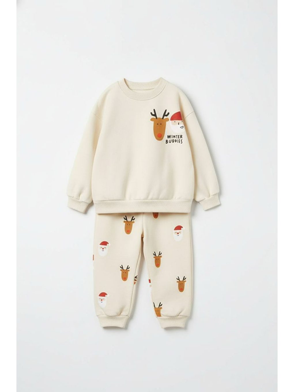 Ekru Unisex Çocuk Pamuklu Krem Yılbaşı Figürlü Eşofman Takımı – Rahat Kesim
