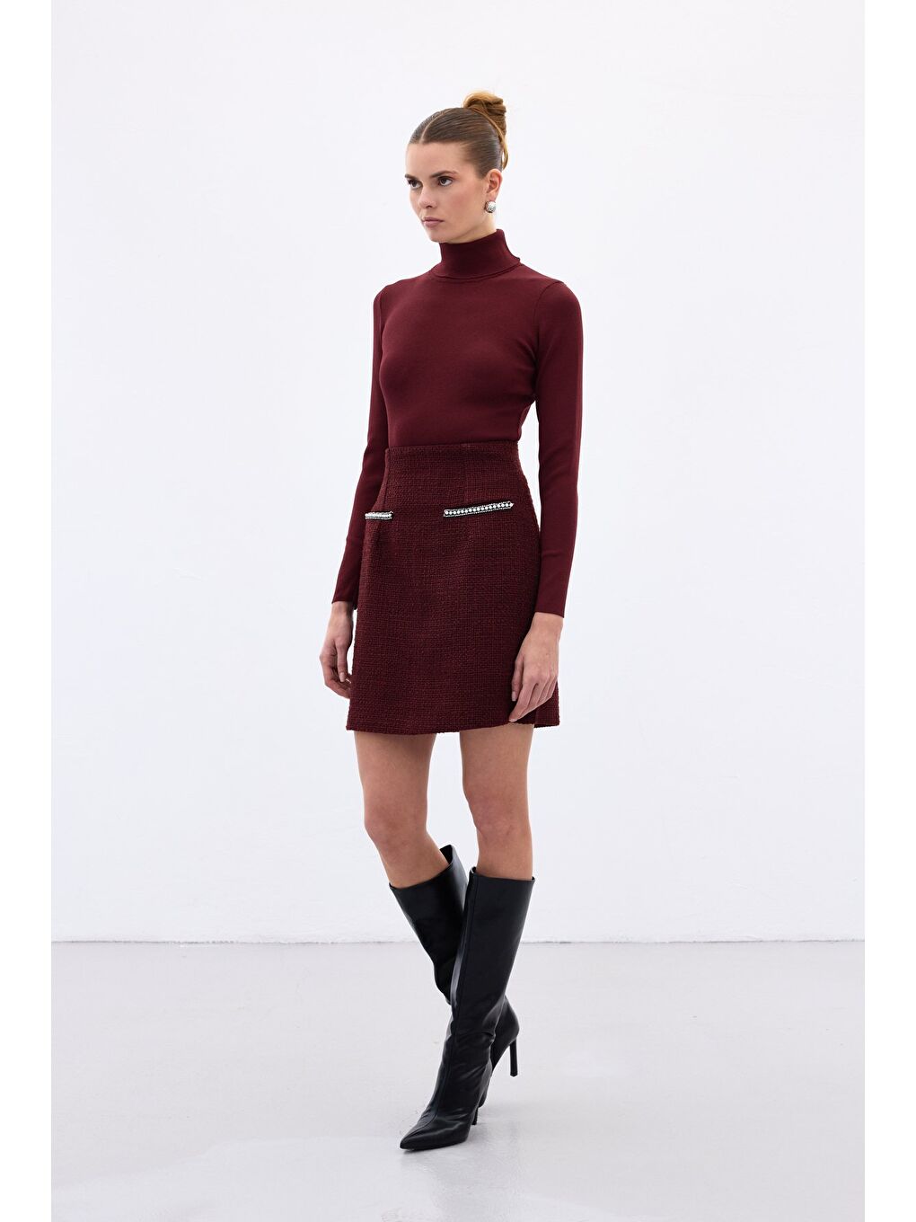 Aksesuar Detaylı Tüvit Etek - Bordo