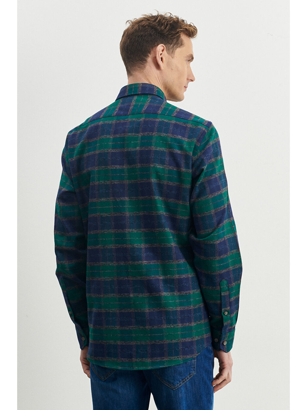 Erkek Lacivert-Yeşil Comfort Fit Geniş Kesim Düğmeli Yaka %100 Pamuk Flanel Oduncu Gömlek-3