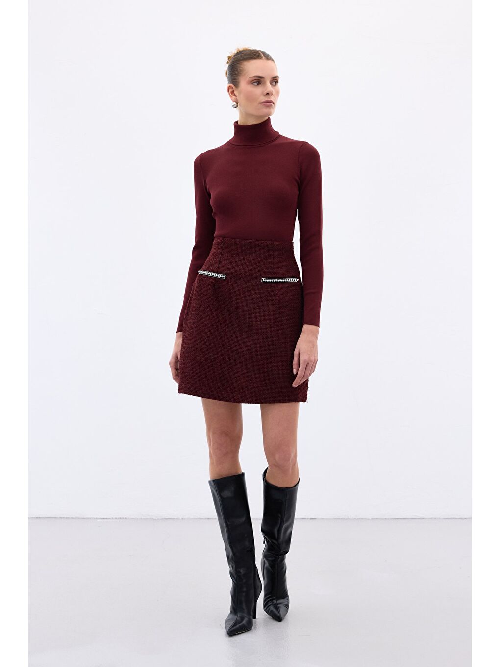 Aksesuar Detaylı Tüvit Etek - Bordo-1