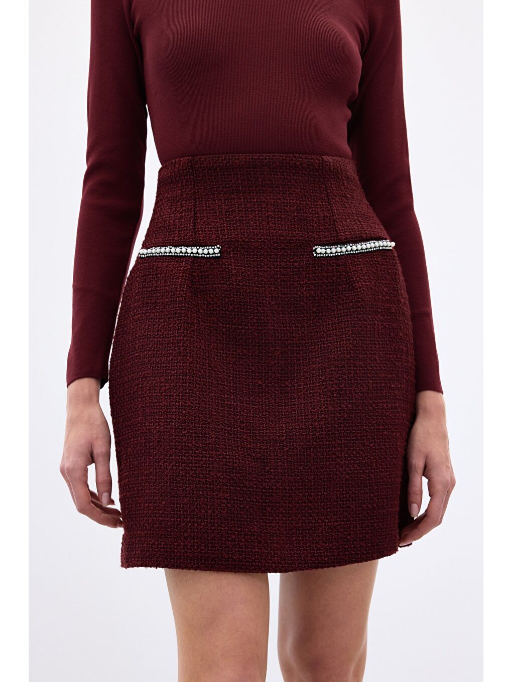 Aksesuar Detaylı Tüvit Etek - Bordo-3