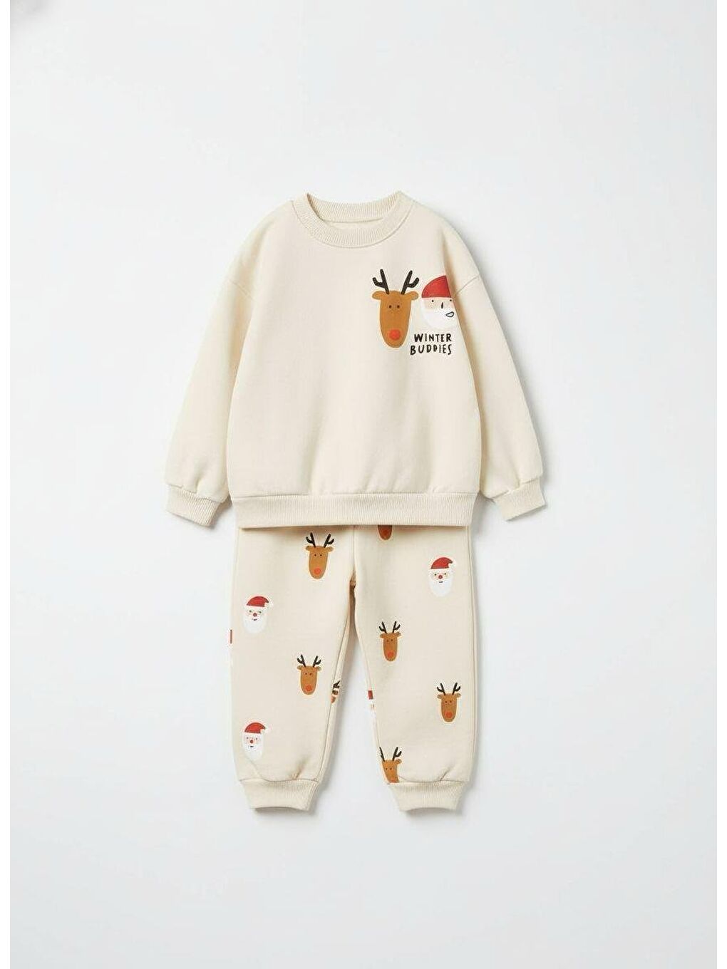 Ekru Unisex Çocuk Pamuklu Krem Yılbaşı Figürlü Eşofman Takımı – Rahat Kesim-3