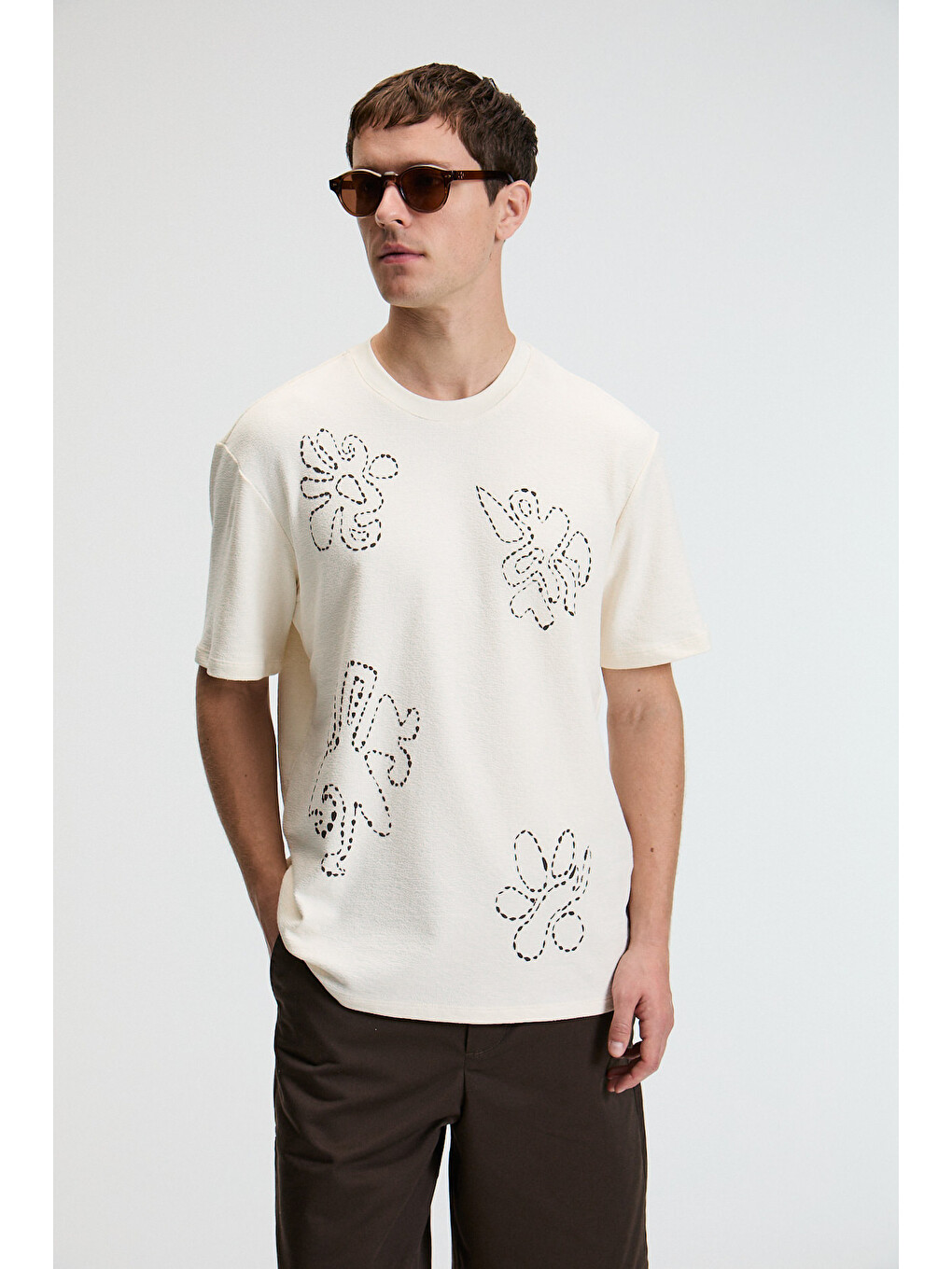 Bej Baggy Erkek %100 Pamuk Oversize Fit Baskılı Kısa Kollu Yuvarlak Yakalı Vanilya T-shirt