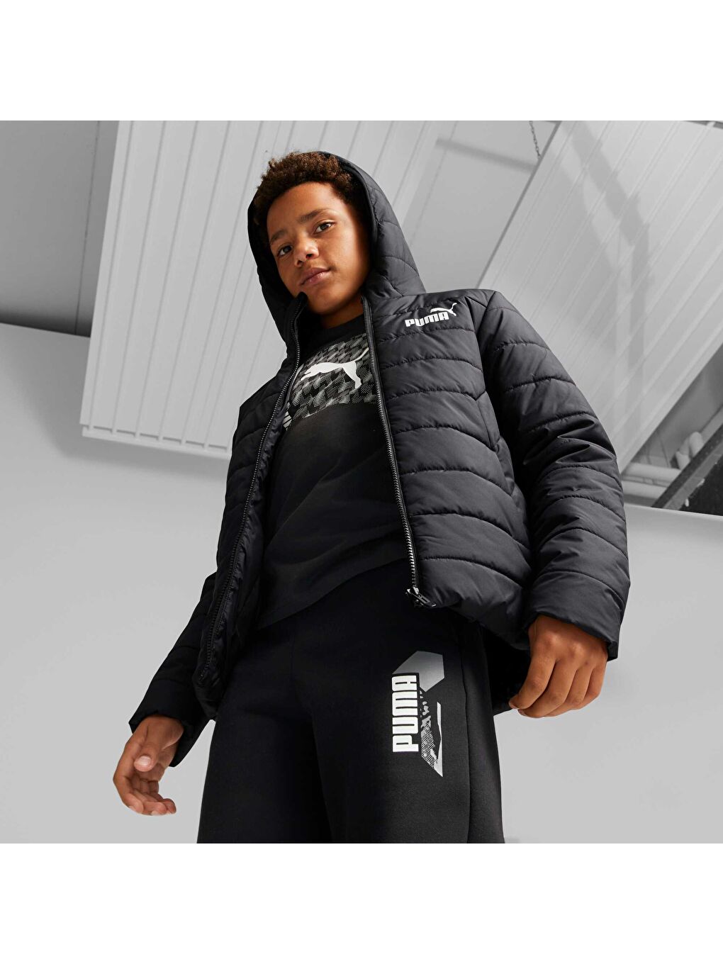 Siyah ESSENTIALS Genç Çocuk Şişme Mont-3