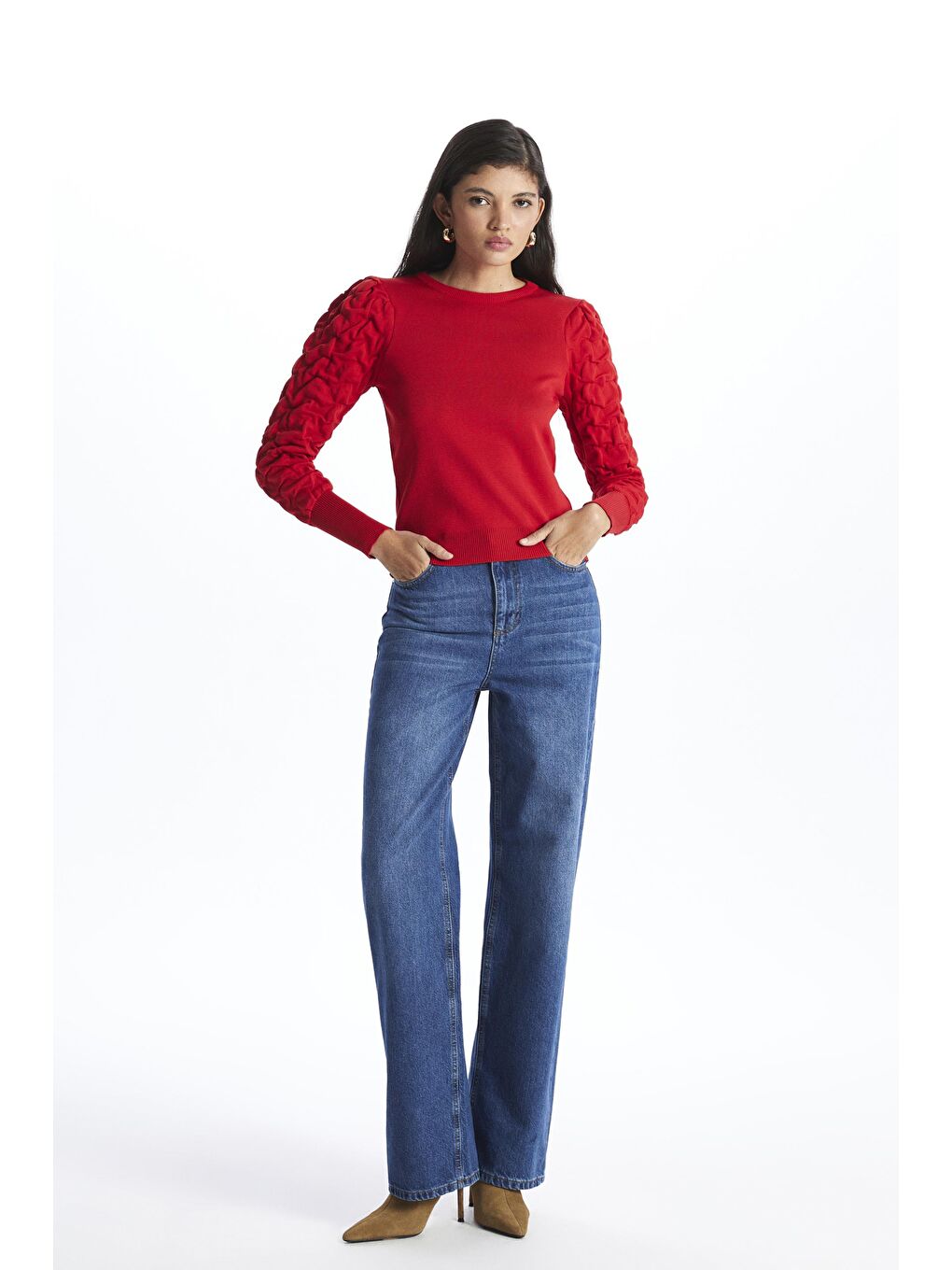 Kırmızı Kolları Jakar Desenli Kazak-1