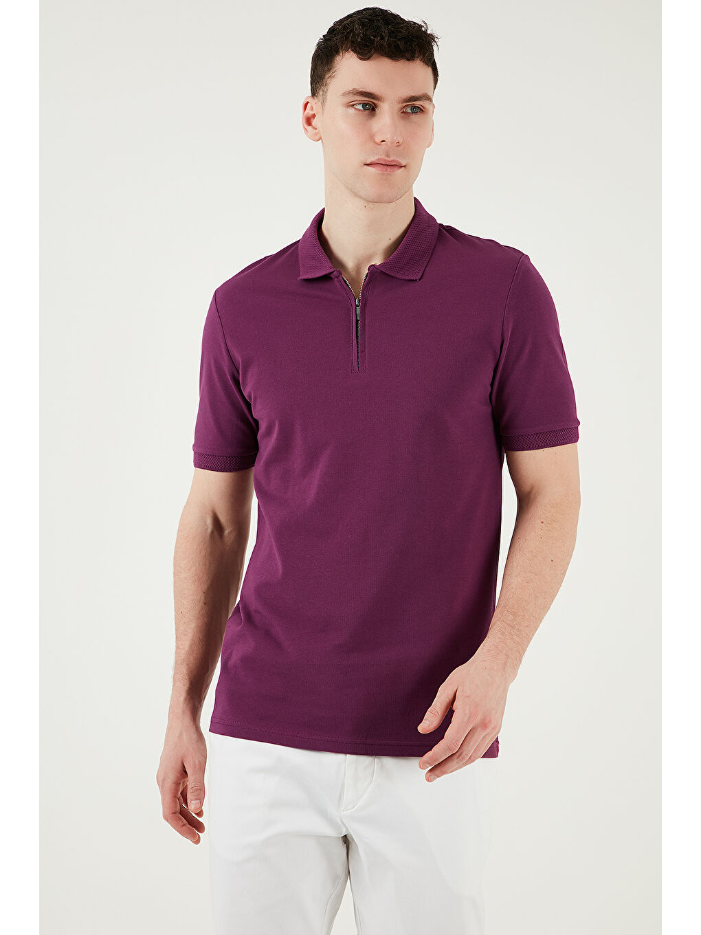 Mürdüm Pamuklu Regular Fit Yarım Fermuarlı Polo Yaka %100 Pamuk Tişört 5903008-3