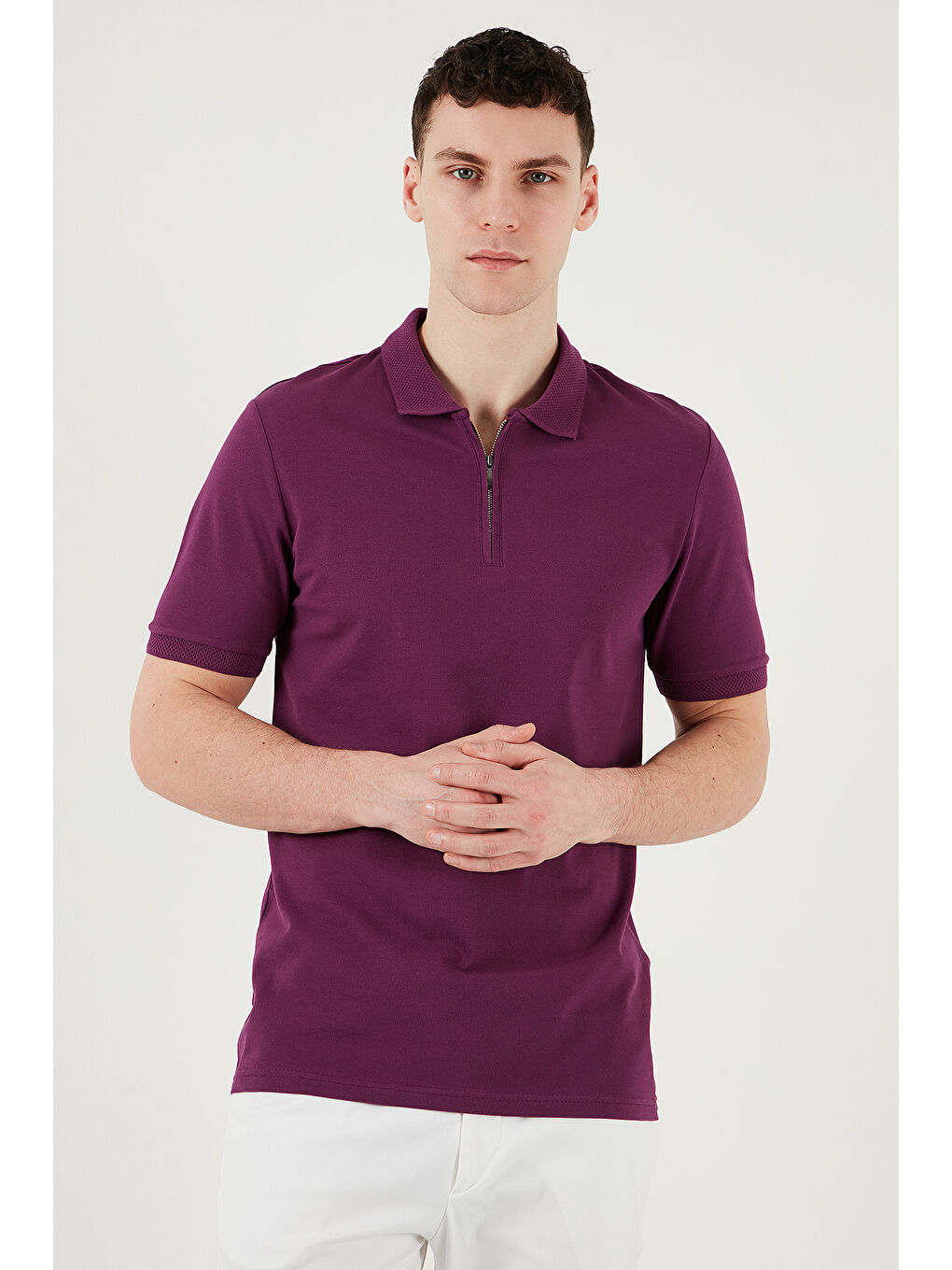 Mürdüm Pamuklu Regular Fit Yarım Fermuarlı Polo Yaka %100 Pamuk Tişört 5903008-4