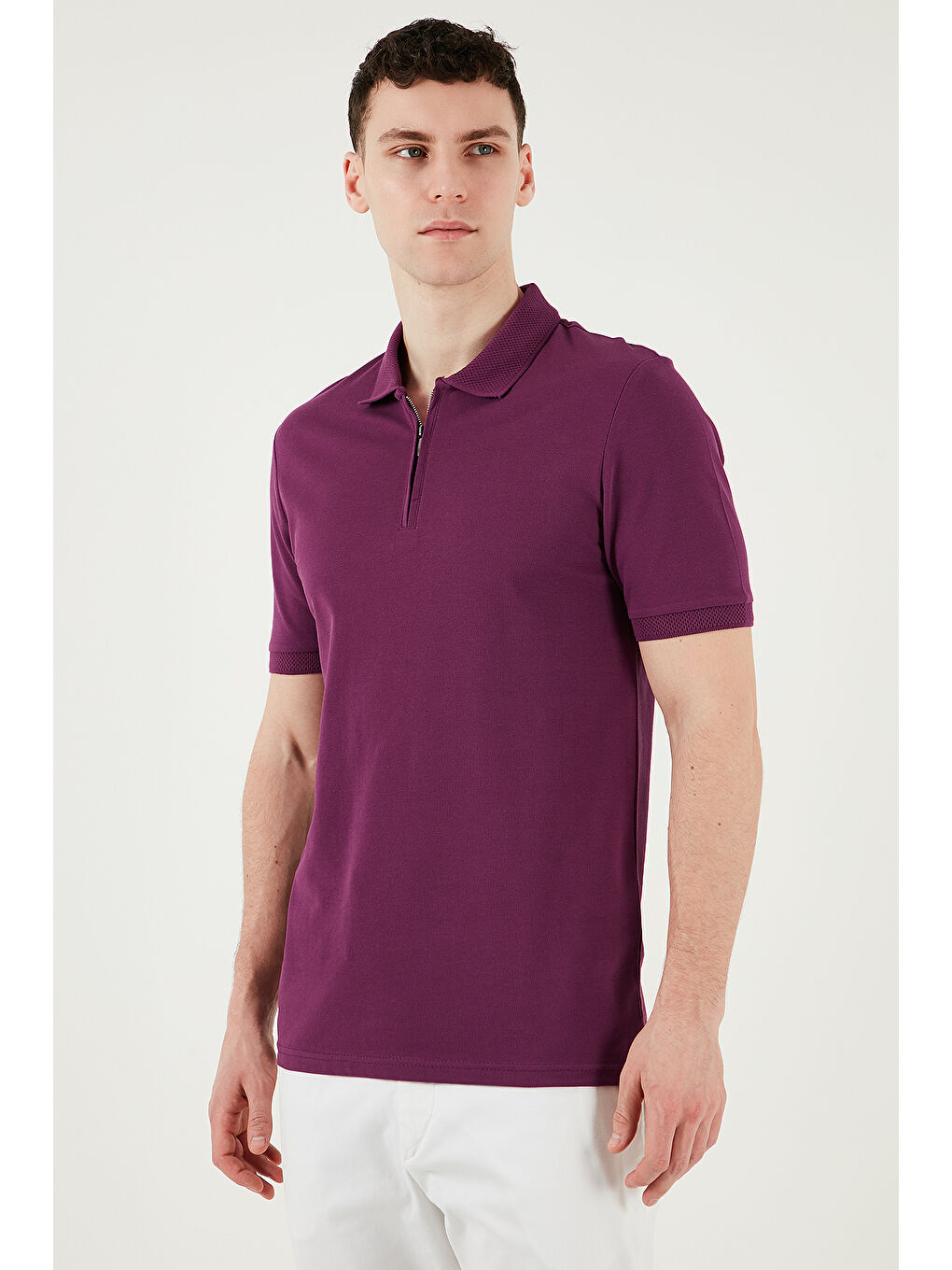 Mürdüm Pamuklu Regular Fit Yarım Fermuarlı Polo Yaka %100 Pamuk Tişört 5903008-5