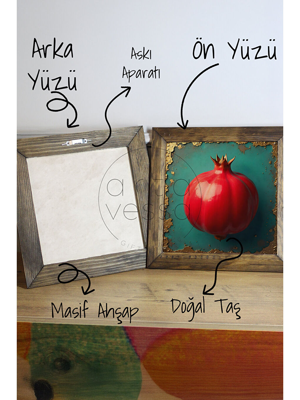 Beyaz Masif Ahşap Çerçeveli Taş Tablo Pano 26 x 26 cm - Nar - 26 x 26-2