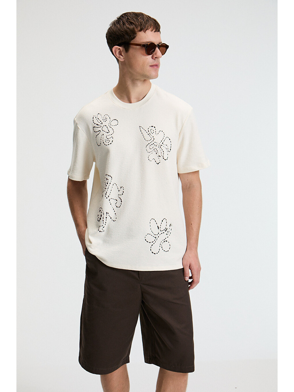 Bej Baggy Erkek %100 Pamuk Oversize Fit Baskılı Kısa Kollu Yuvarlak Yakalı Vanilya T-shirt-2