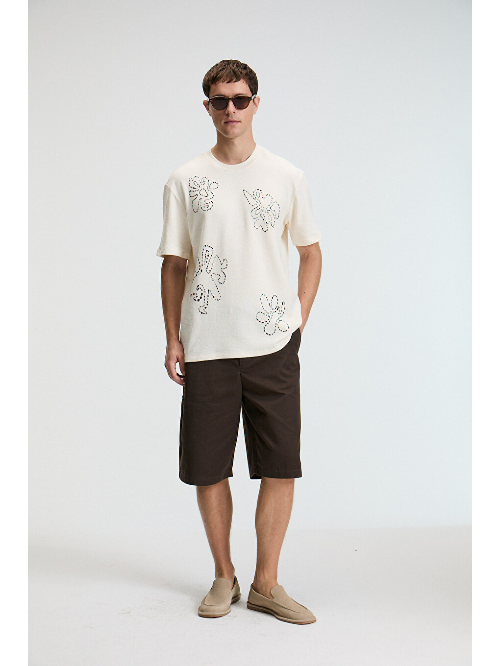 Bej Baggy Erkek %100 Pamuk Oversize Fit Baskılı Kısa Kollu Yuvarlak Yakalı Vanilya T-shirt-3