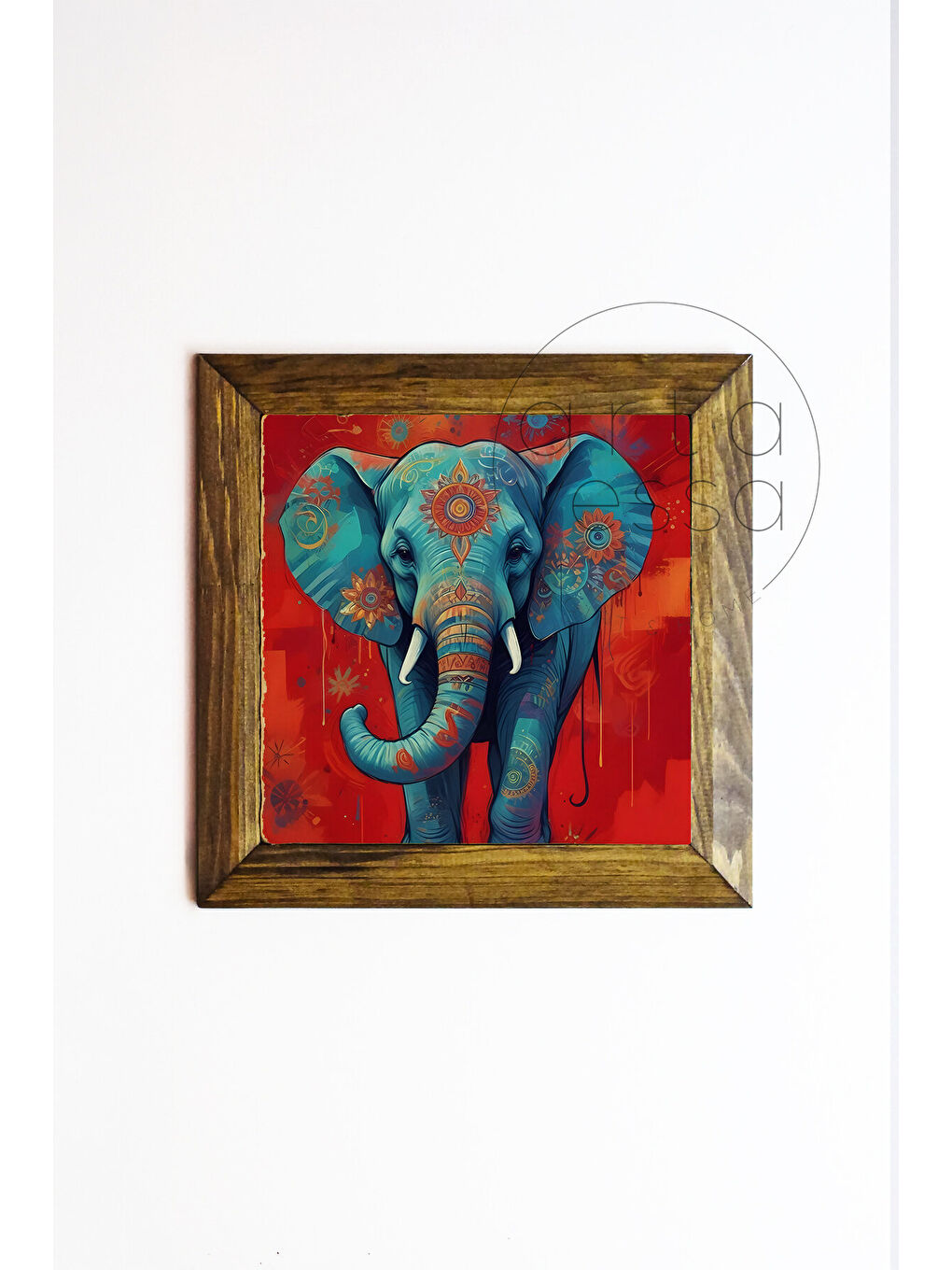 Beyaz Masif Ahşap Çerçeveli Taş Tablo Pano 16 x 16 cm - Fil - 26 x 26-1