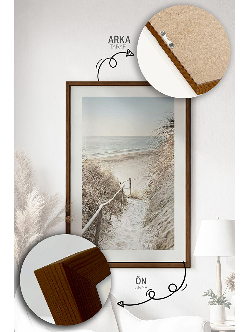 Beyaz 3 Parça Kahverengi Gerçek Ahşap Çerçeveli Tablo Seti - Model 9 - ERSY3KHVCRV9-2030-4