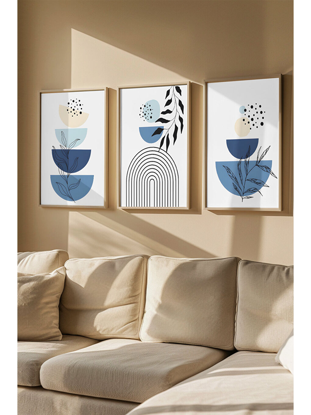 Beyaz 3 Parça Gerçek Ahşap Renkli Çerçeveli Tablo Seti - Model 5 - ARTVMODEL5-AHSAP