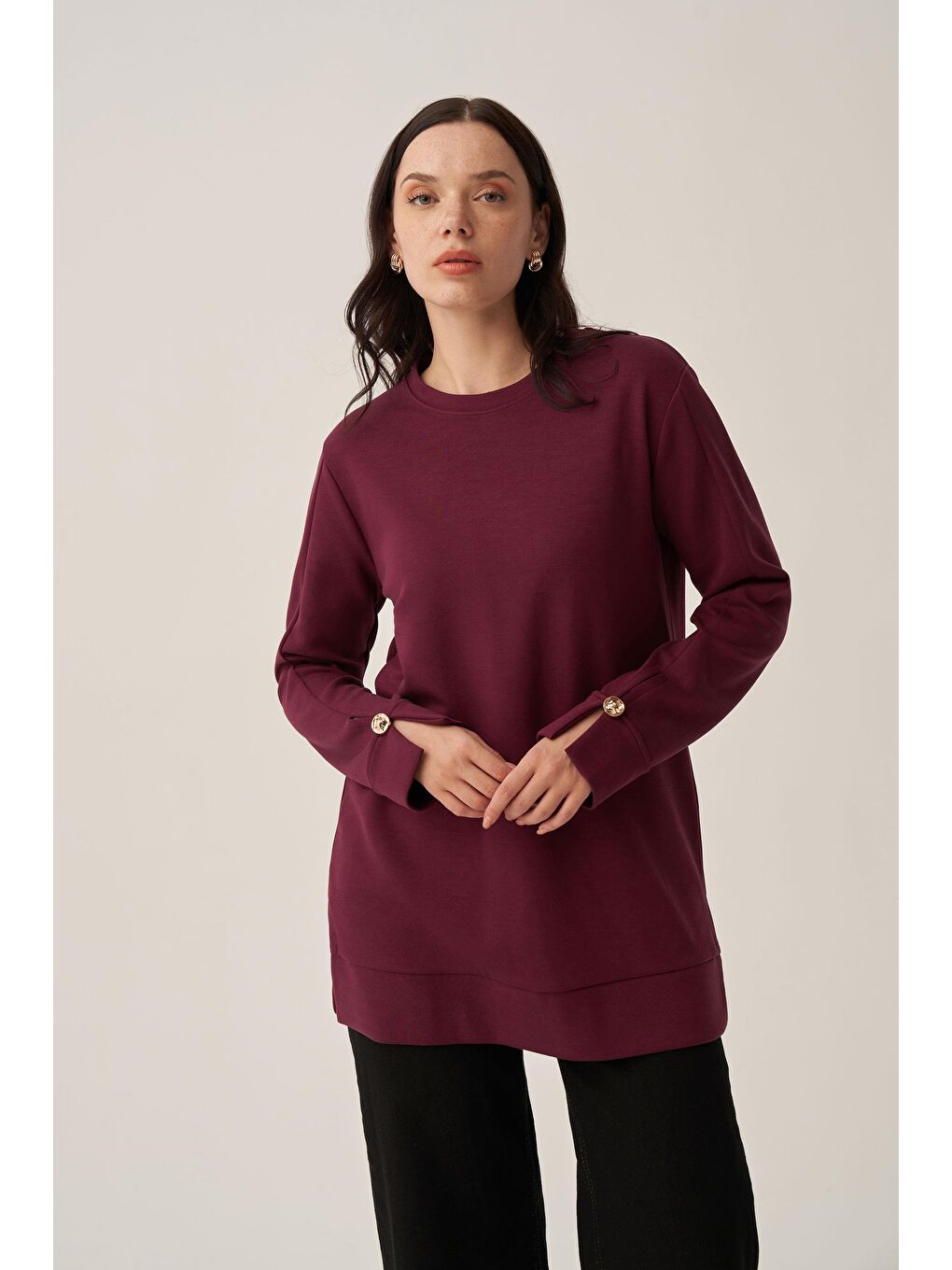 Bordo-Yumuşak Dokulu Gold Dügmeli Sweatshirt