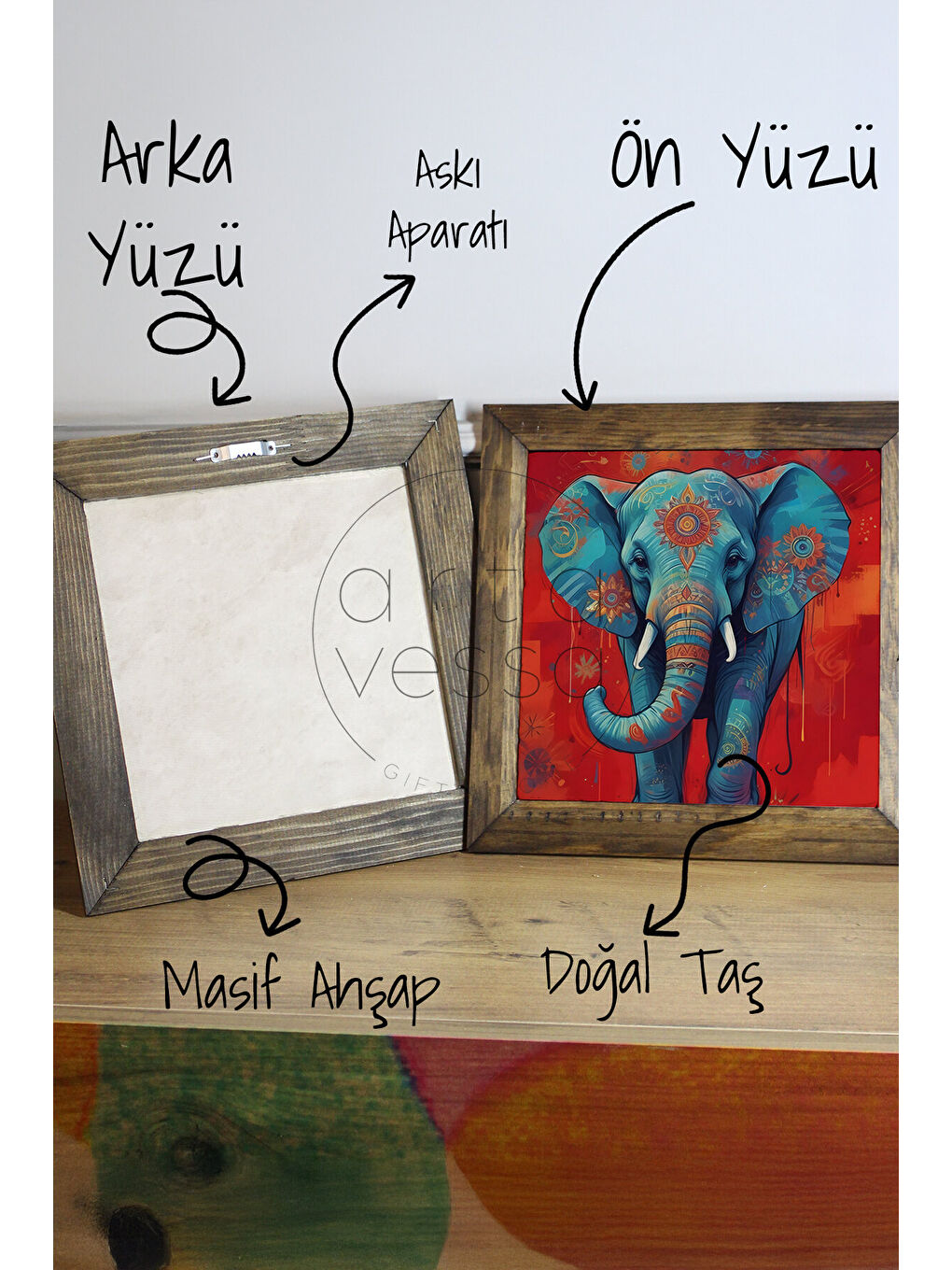 Beyaz Masif Ahşap Çerçeveli Taş Tablo Pano 16 x 16 cm - Fil - 26 x 26-2