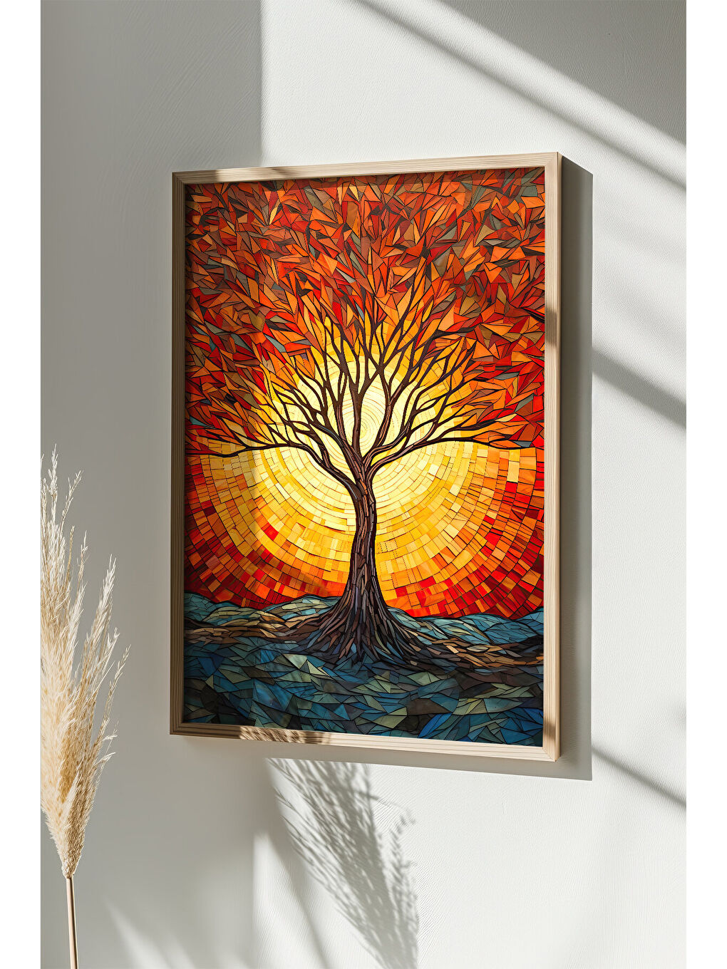 Beyaz Tek Parça Gerçek Ham Ahşap Çerçeveli Mosaic Temalı Tablo - Model 5 - MSCARTMDL5-3348-1